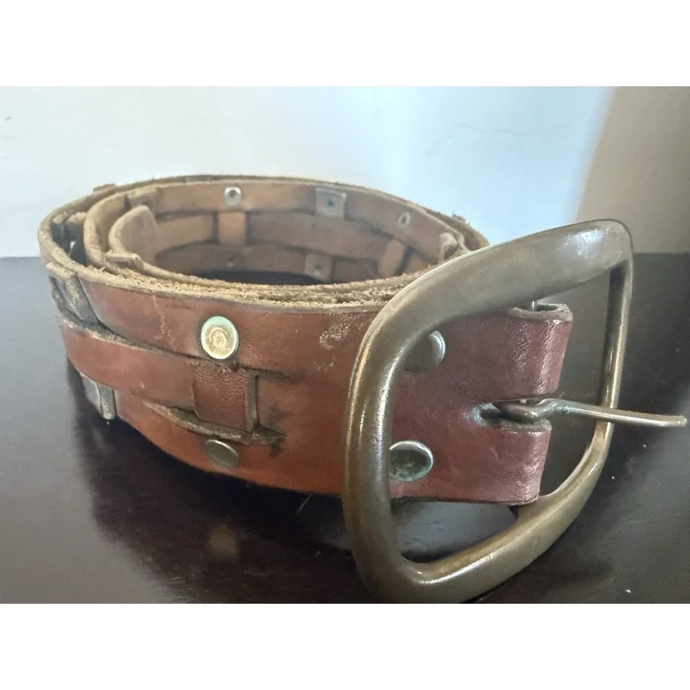 Vintage Unisex Brown Silver Leather Pin Buckle Casual Waist Belt 44-in Long